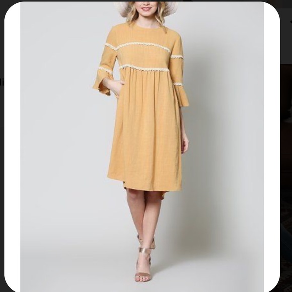 SOLD Ces Femme mustard lace golden fall dress M - Picture 2 of 5